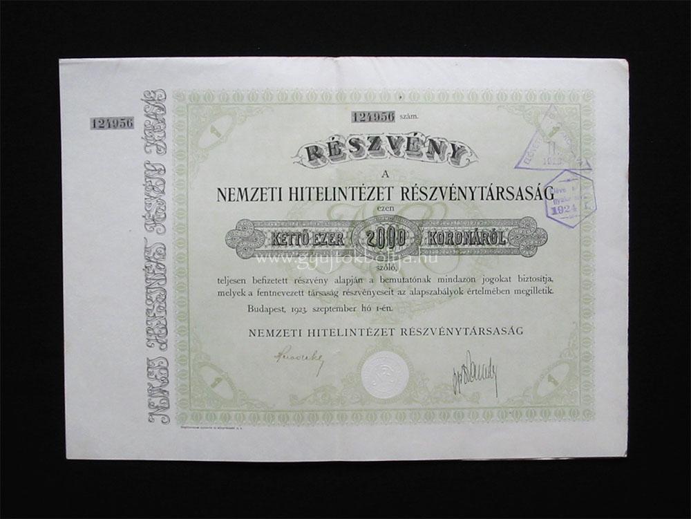 Nemzeti Hitelintzet rszvny 2000 korona 1923